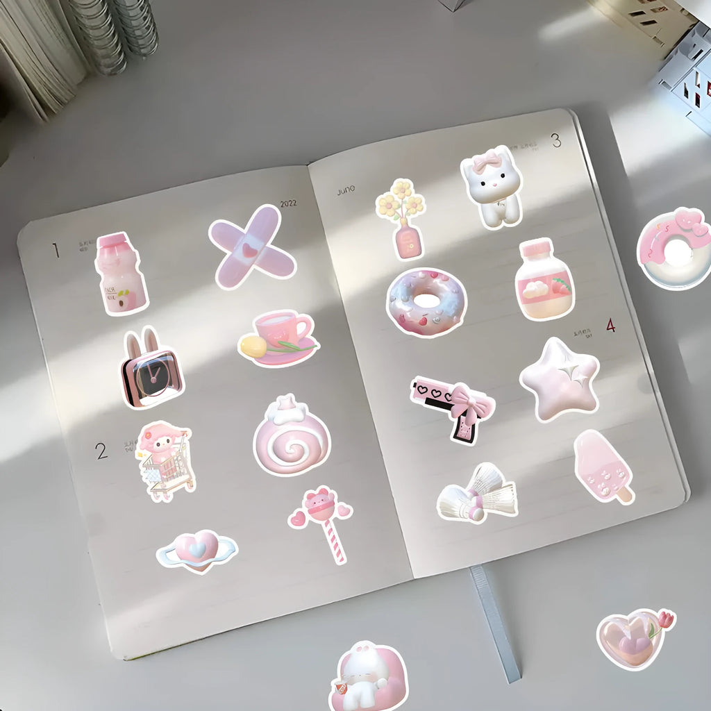 Pink girl heart 3D decorative stickers pack with 63 pieces for crafts and stationery