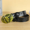 Men's black imitation leather belt with a detailed metal cow head buckle and pin clasp.