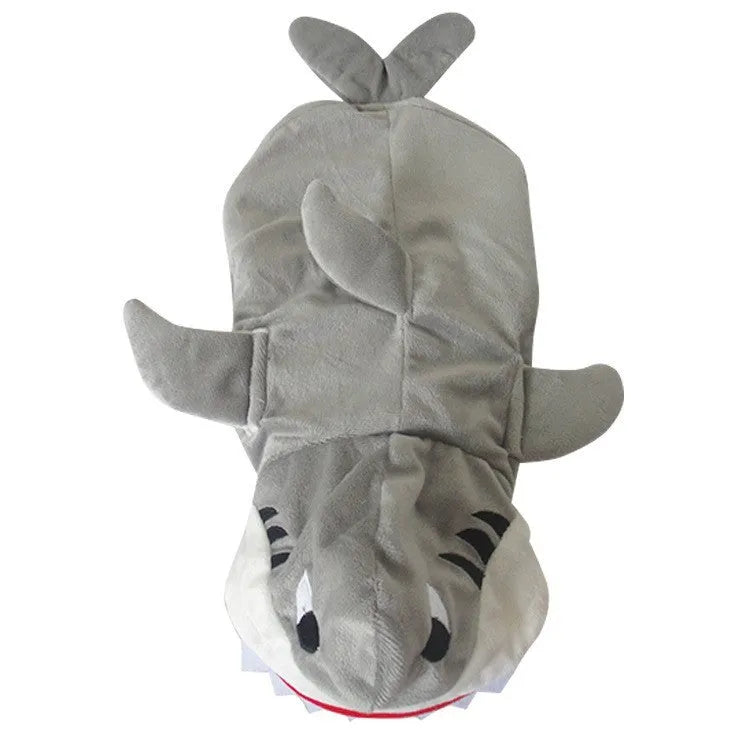 Realistic blue shark suit cosplay costume with embroidered eyes and zigzag mouth on model