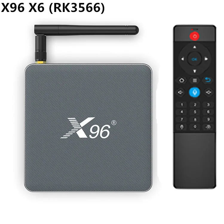 Android Smart TV Set-top Box with remote control, HDMI cable, and power adapter.