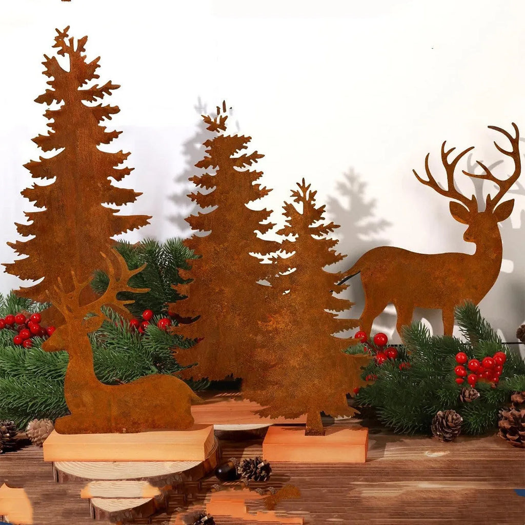 Three iron Christmas tree ornaments with elk designs in rustic finish