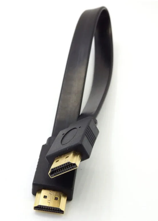 Flat black HDMI cable with male connectors showing length options from 0.3 to 10 metres