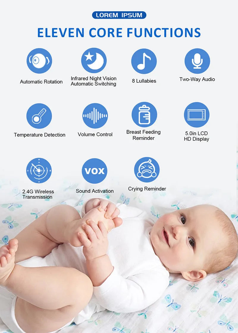 White 5-inch HD baby monitor with camera on a nursery shelf.