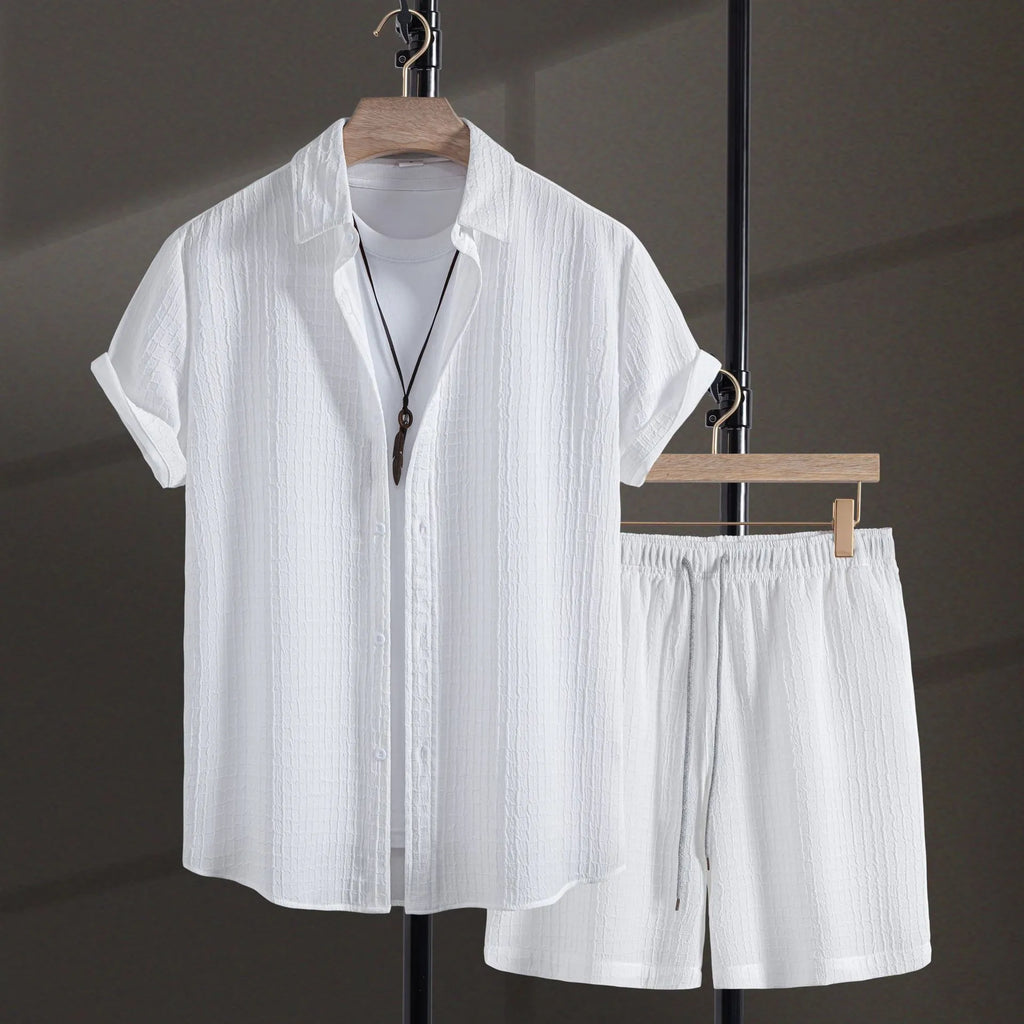 Men's white cotton blend jacquard short sleeve shirt with matching shorts casual suit