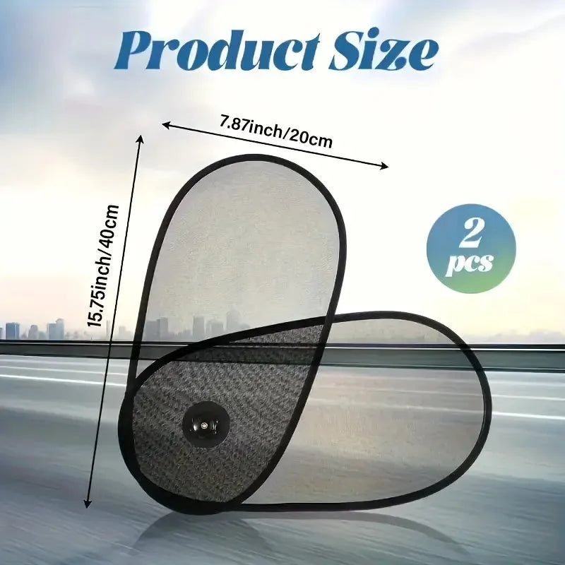 Black stretchy car side window sunshade with suction cups attached to protect a baby from sun.