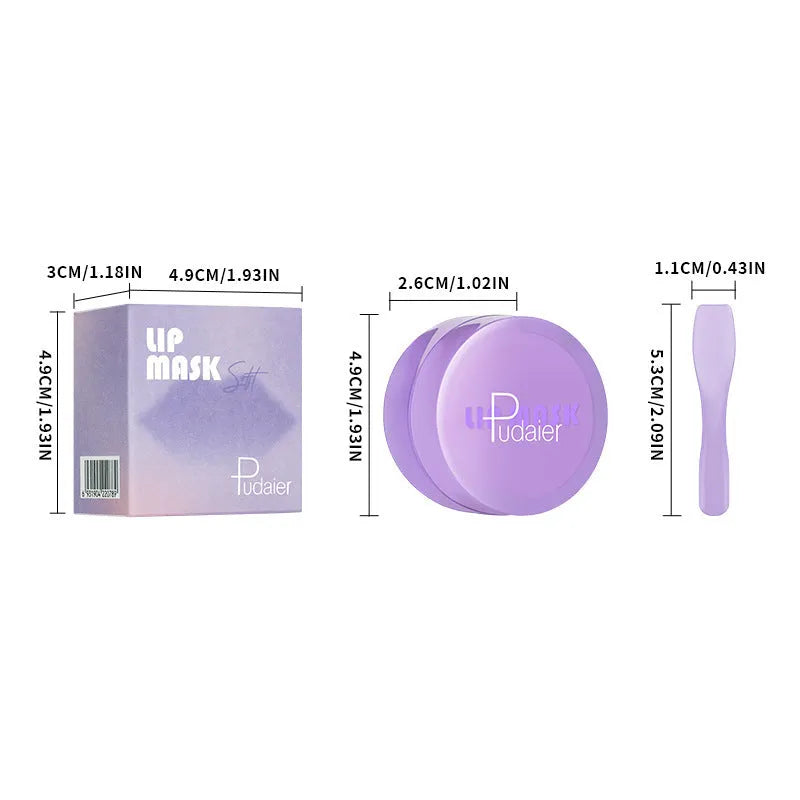 Lip exfoliating balm mask with 10ml tube and white silicone scraper tool on a pink background.