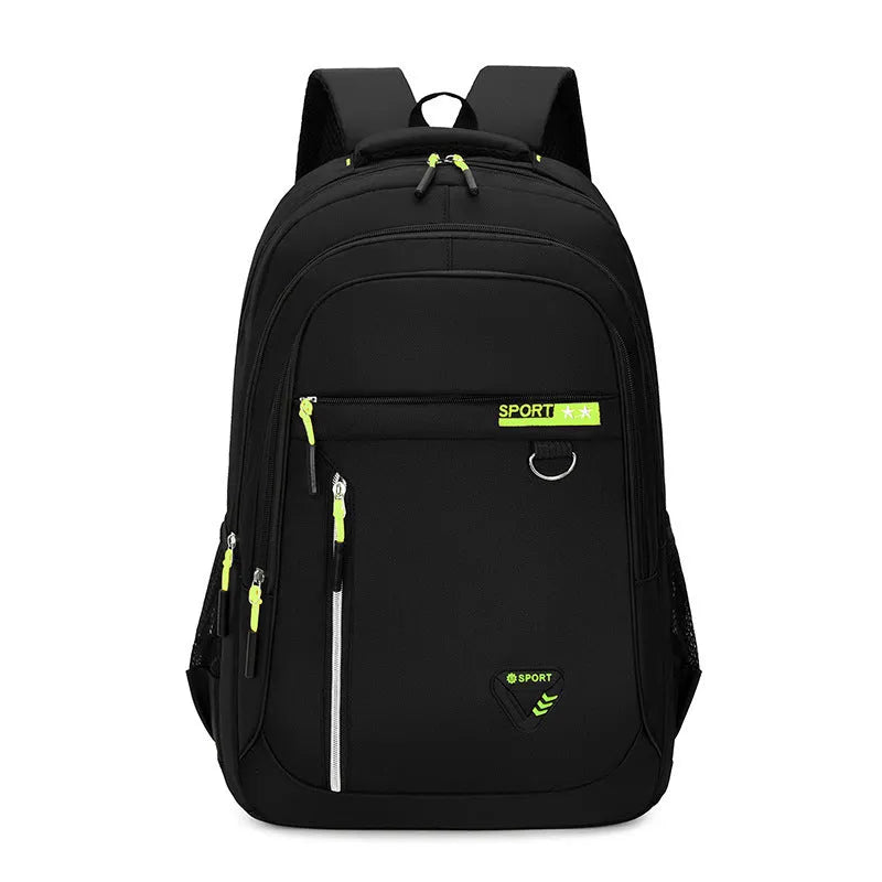 Men's Oxford cloth schoolbag with letter pattern in black, blue, green, or red colours showing air pillow belt system