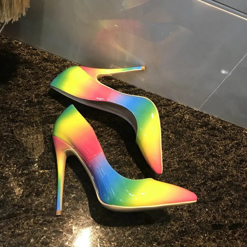 Rainbow colour patent leather women's pointed toe high heels with thin stiletto heel