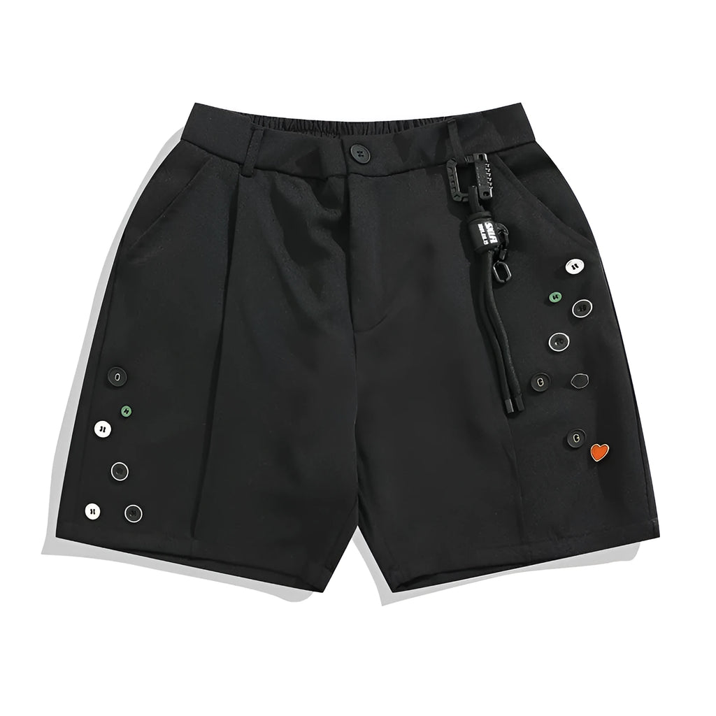 Black men's loose-fit casual shorts with a semi-elastic waistband, colour button, and zip fly.