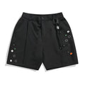 Black men's loose-fit casual shorts with a semi-elastic waistband, colour button, and zip fly.
