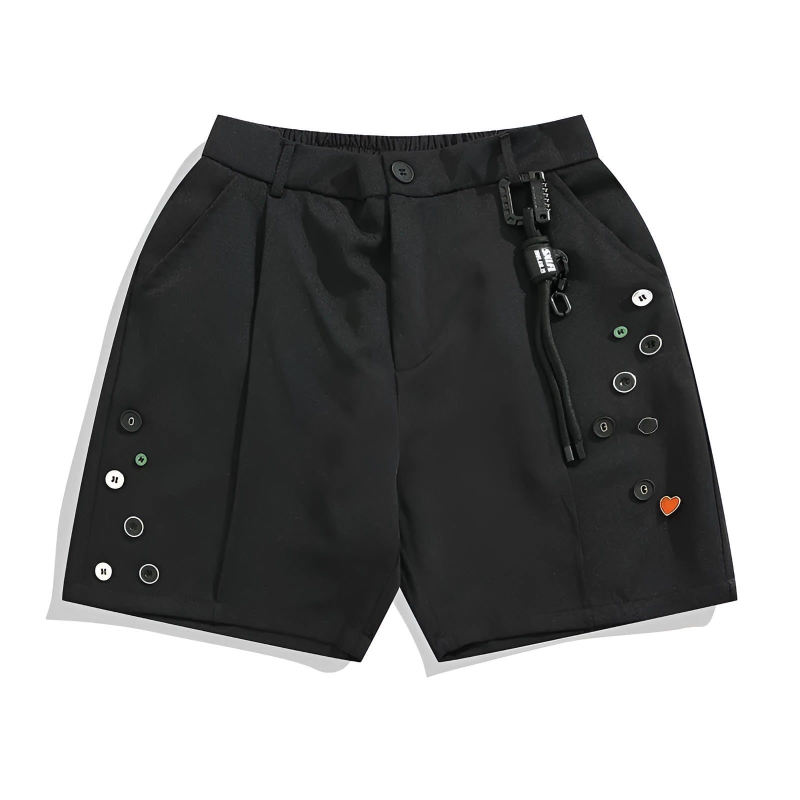 Black men's loose-fit casual shorts with a semi-elastic waistband, colour button, and zip fly.