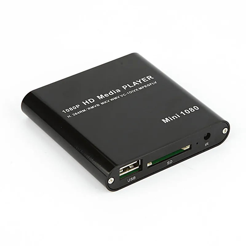 Compact black 1080p Full HD media player with HDMI, SD card, and USB ports on a white background.