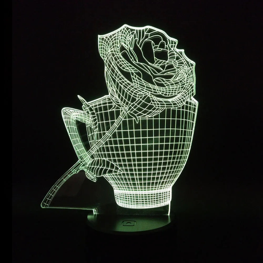 3D rose-shaped LED night light showing colour-changing glow on acrylic panel with ABS base.