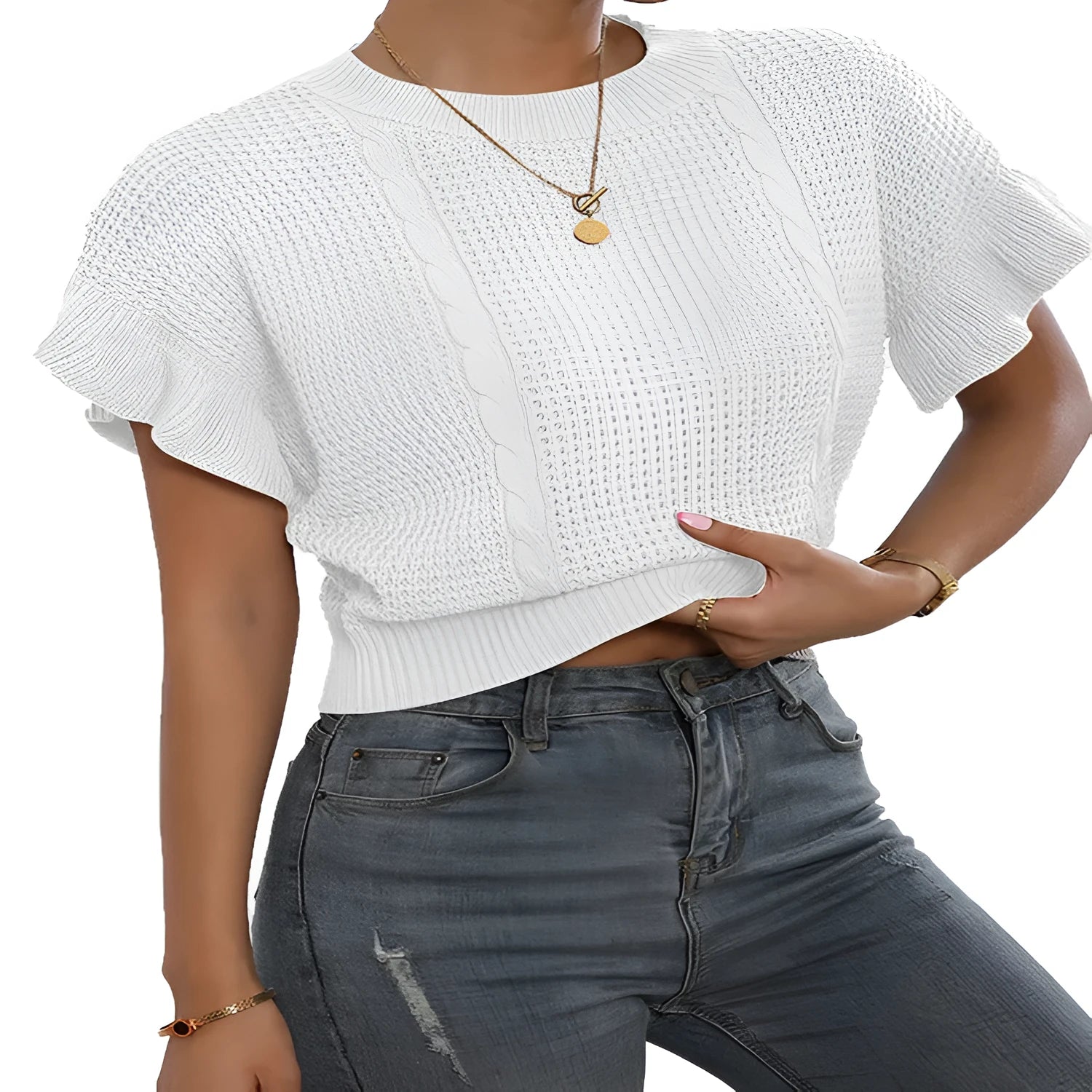 Loose fit knitted pullover sweater with twisted string pattern and ruffled short sleeves on a hanger.