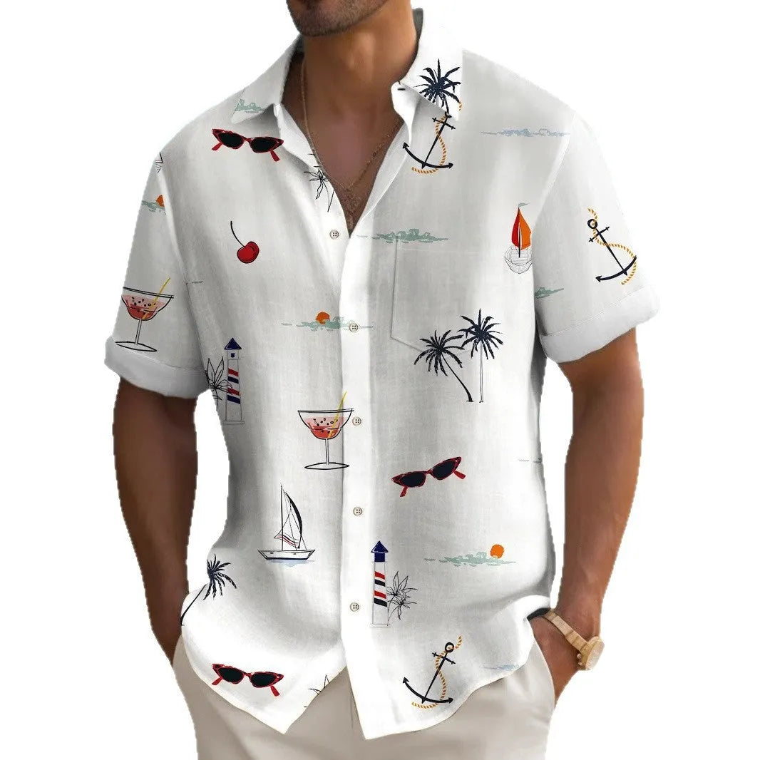 Men's loose fit Hawaiian shirt with digital printing pattern in polyester fabric showing short sleeve design