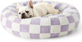 Round blue and white plaid dog bed with plastic base in 60cm size for medium dogs