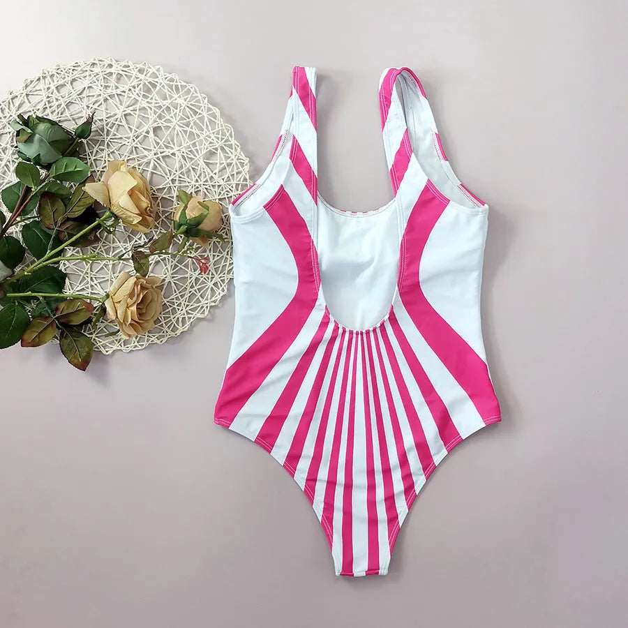 Women's pink striped one-piece swimsuit showing front and rear digital print design.