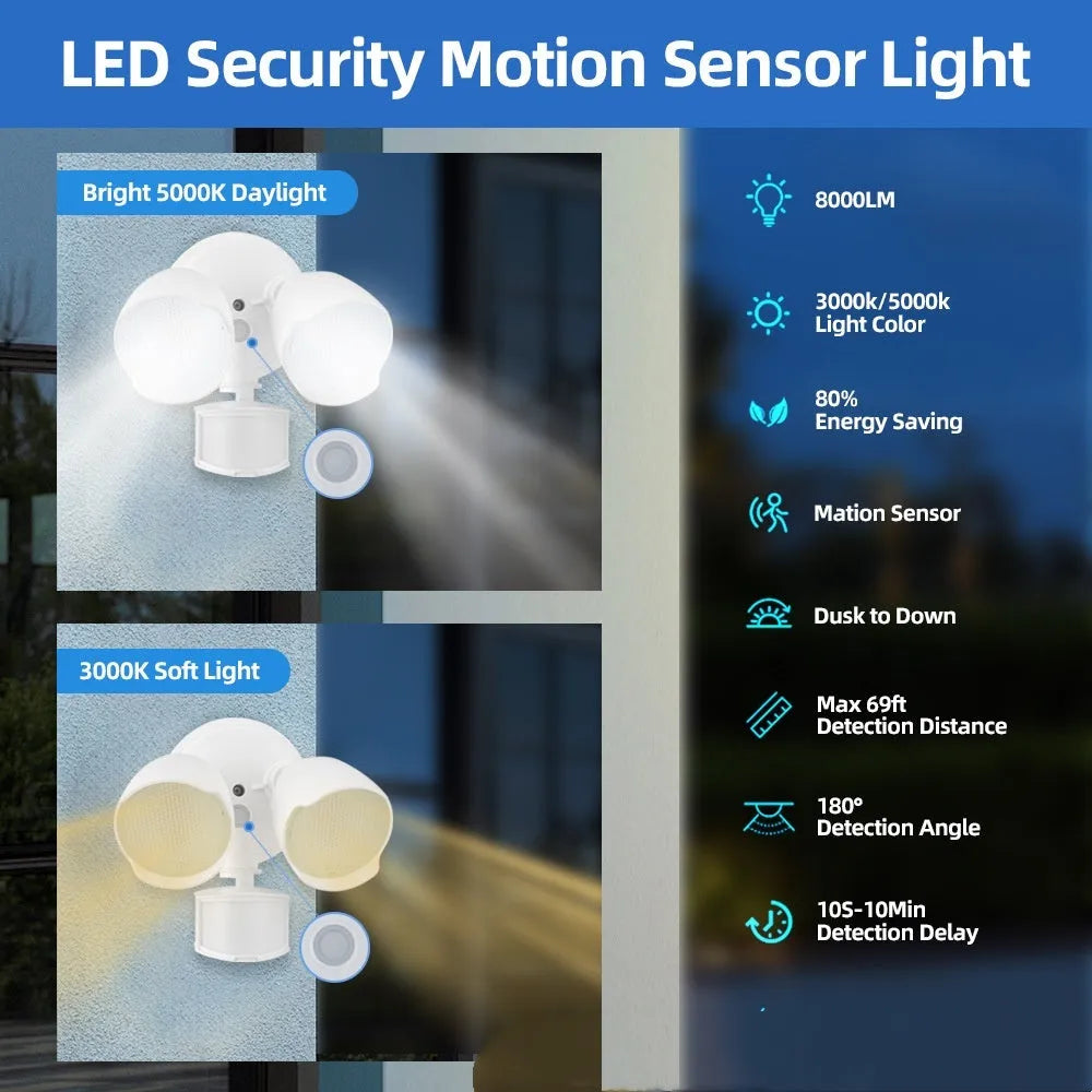 White or black LED human body induction security flood light with wall mounting bracket.