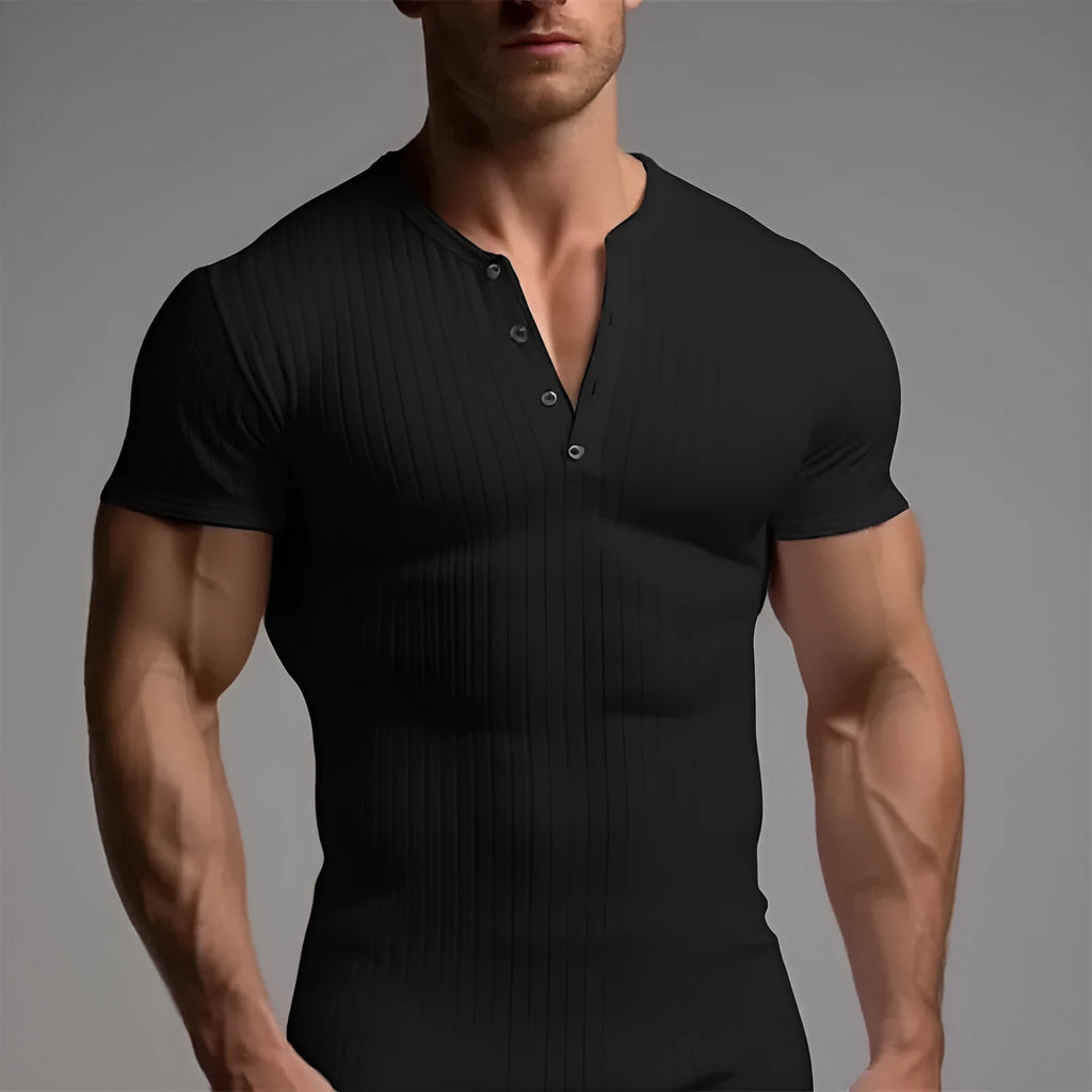 Men's slim-fitting muscle short-sleeved sports t-shirt on a hanger, shown in army green colour.