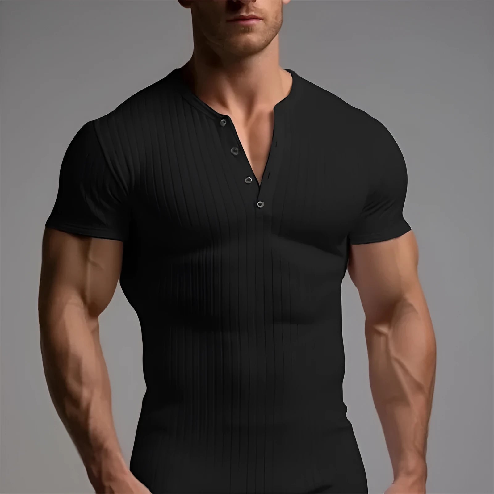 Men's slim-fitting muscle short-sleeved sports t-shirt on a hanger, shown in army green colour.
