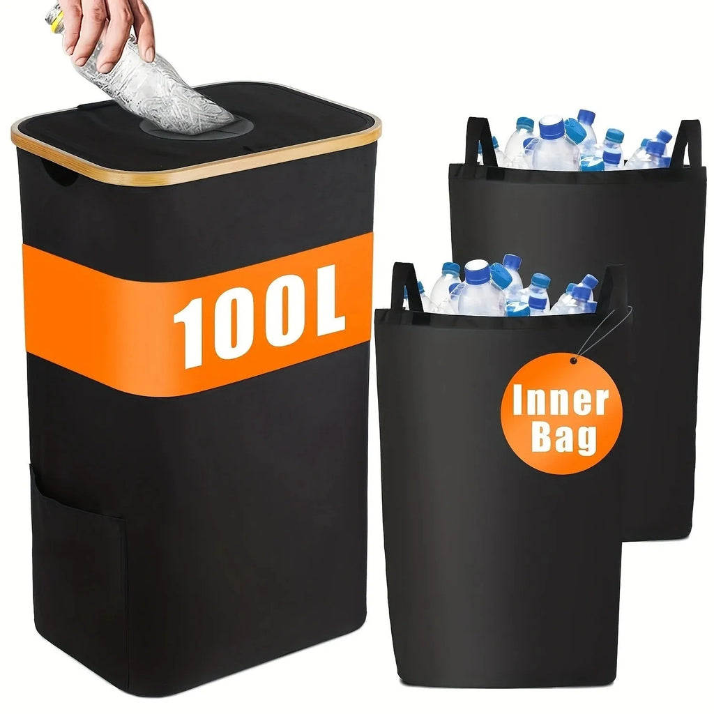 Black bamboo recycling basket with lid, removable bottle container, and double inner pockets for household storage