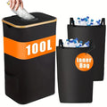 Black bamboo recycling basket with lid, removable bottle container, and double inner pockets for household storage