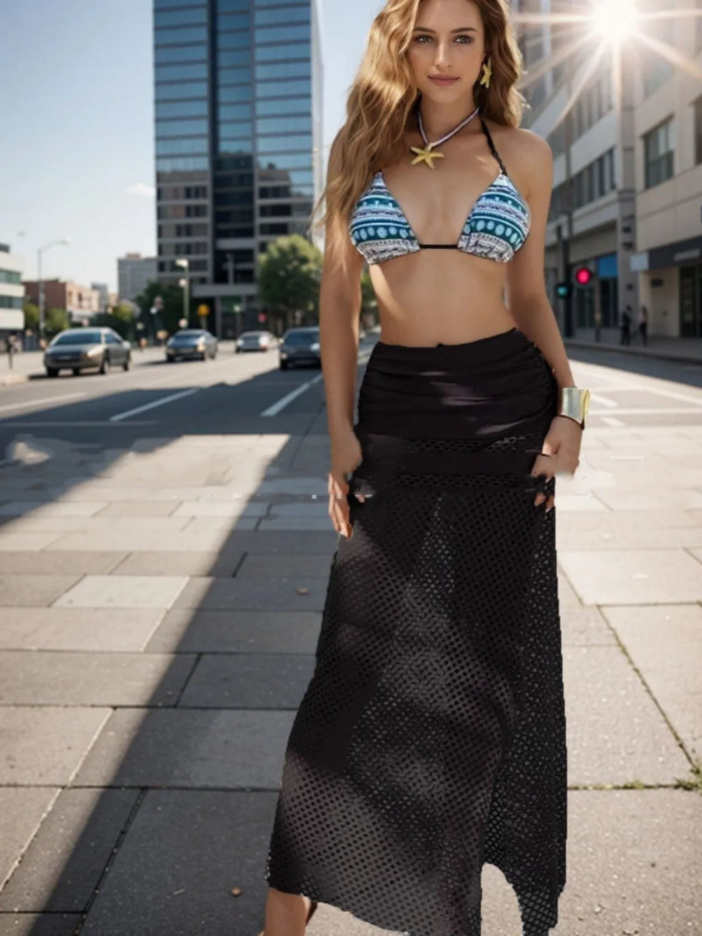 Women's three-piece bikini set with long skirt in gradient colours showing European and American styling