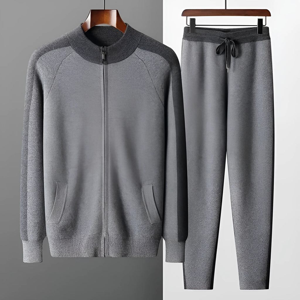 Men's cashmere wool blend sports cardigan suit set with half turtleneck zipper top and trousers