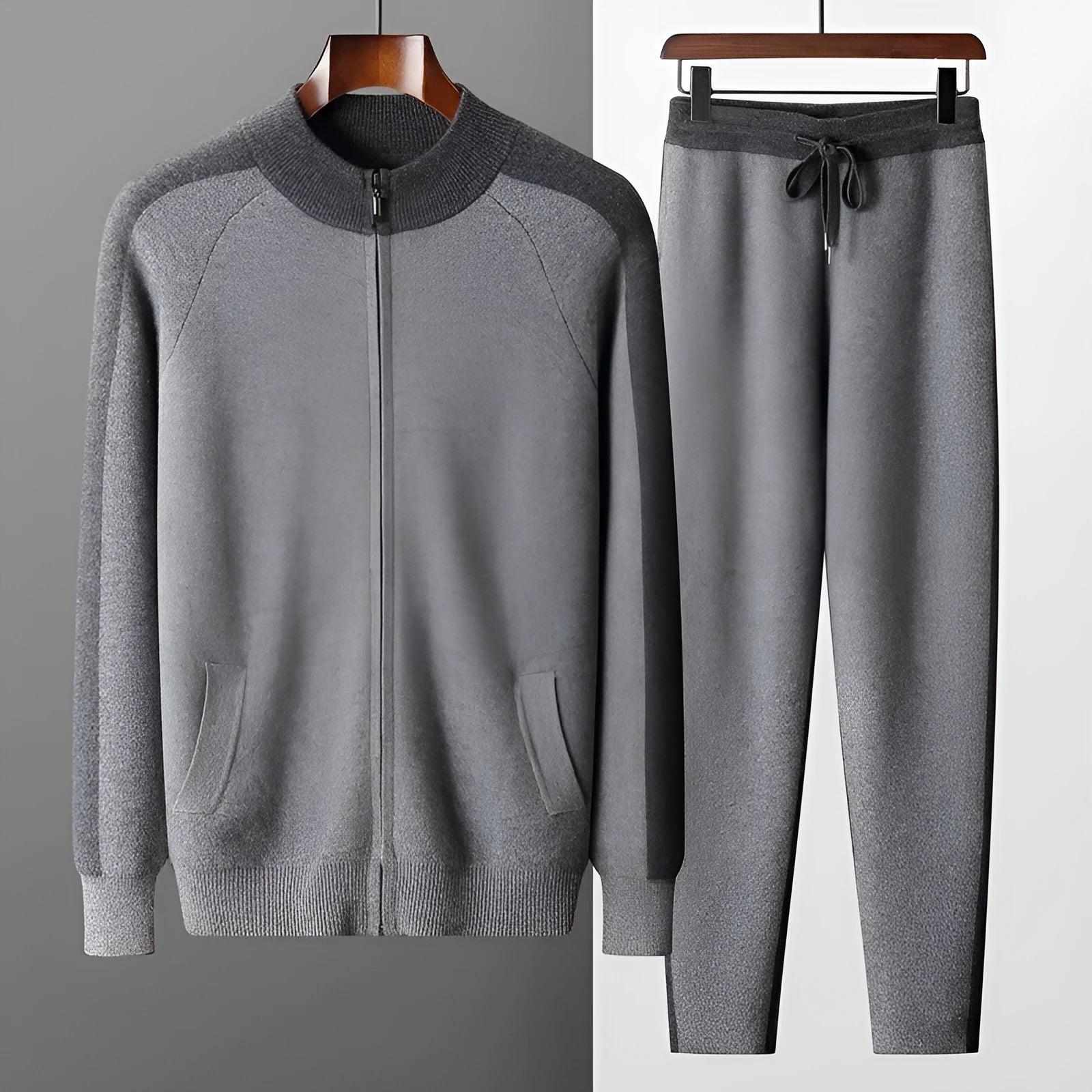 Men's cashmere wool blend sports cardigan suit set with half turtleneck zipper top and trousers
