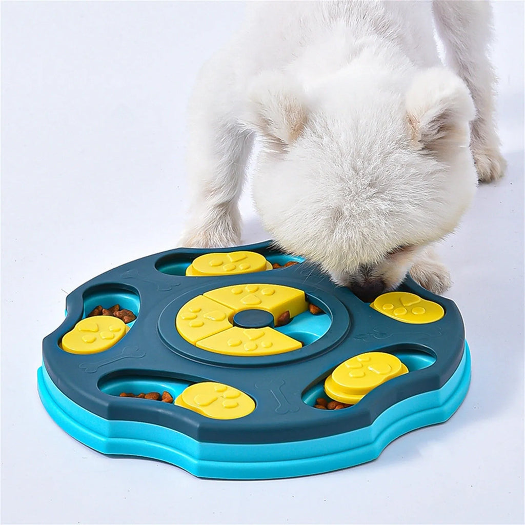 Blue dog puzzle feeder toy with sliding panels for food, measuring 24x24 cm