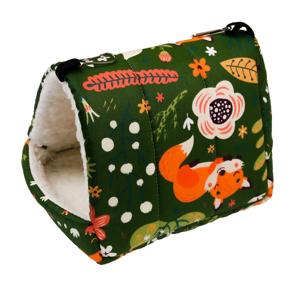 Flannel small pet sleeping bag in pink with hook for cage attachment, suitable for hamsters and hedgehogs