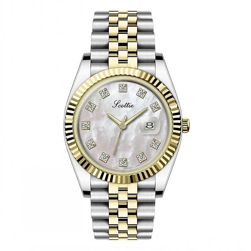 Women's casual analogue calendar watch with gold case, white dial, and steel belt on wrist