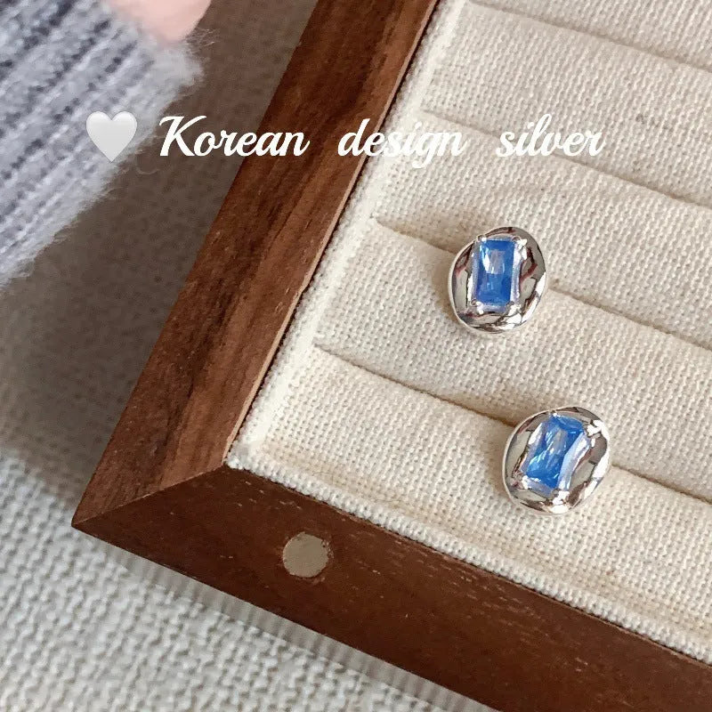 S925 sterling silver oval blue diamond heart-wrapped earrings for women silver colour geometric drop earrings