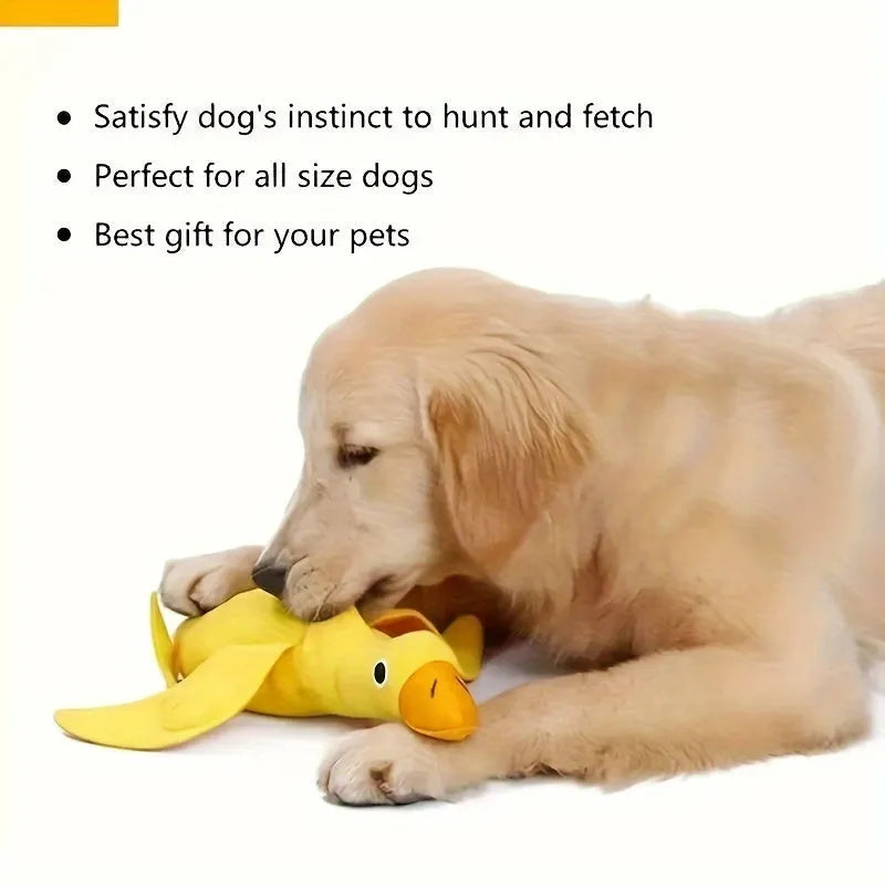 Yellow teddy-shaped rubber dog toy with squeaker duck sound and food leak holes