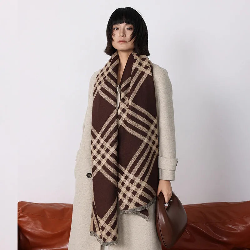 Long brown imitation cashmere scarf with tassel ends laid flat showing its full 185cm length.