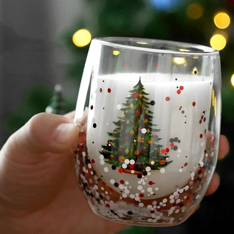 New Christmas Tree Cup heat-resistant double-layer coffee cup with flowing sequins egg shape floral pattern 301-400ml