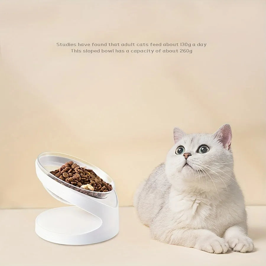 White elevated tilted plastic cat food bowl on a flat surface