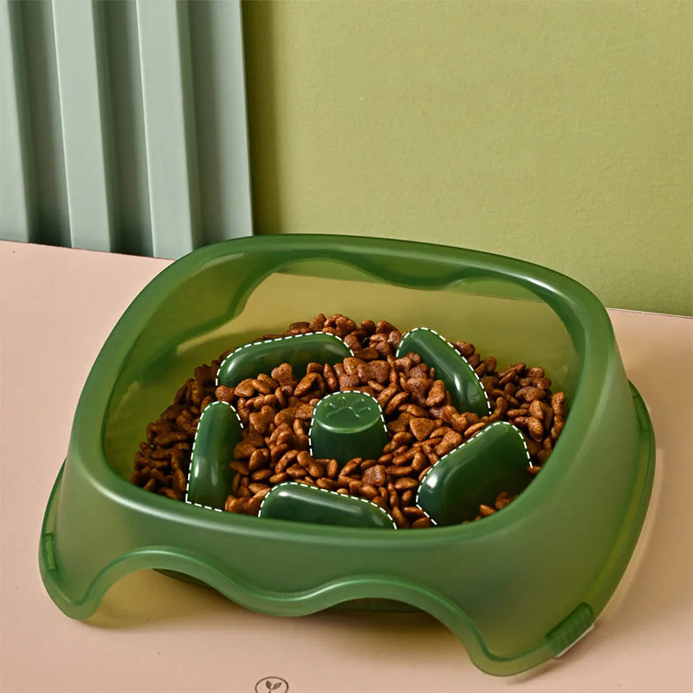Plastic dog slow feeding bowl with anti-choking design in blue, grey, green, and orange colour options