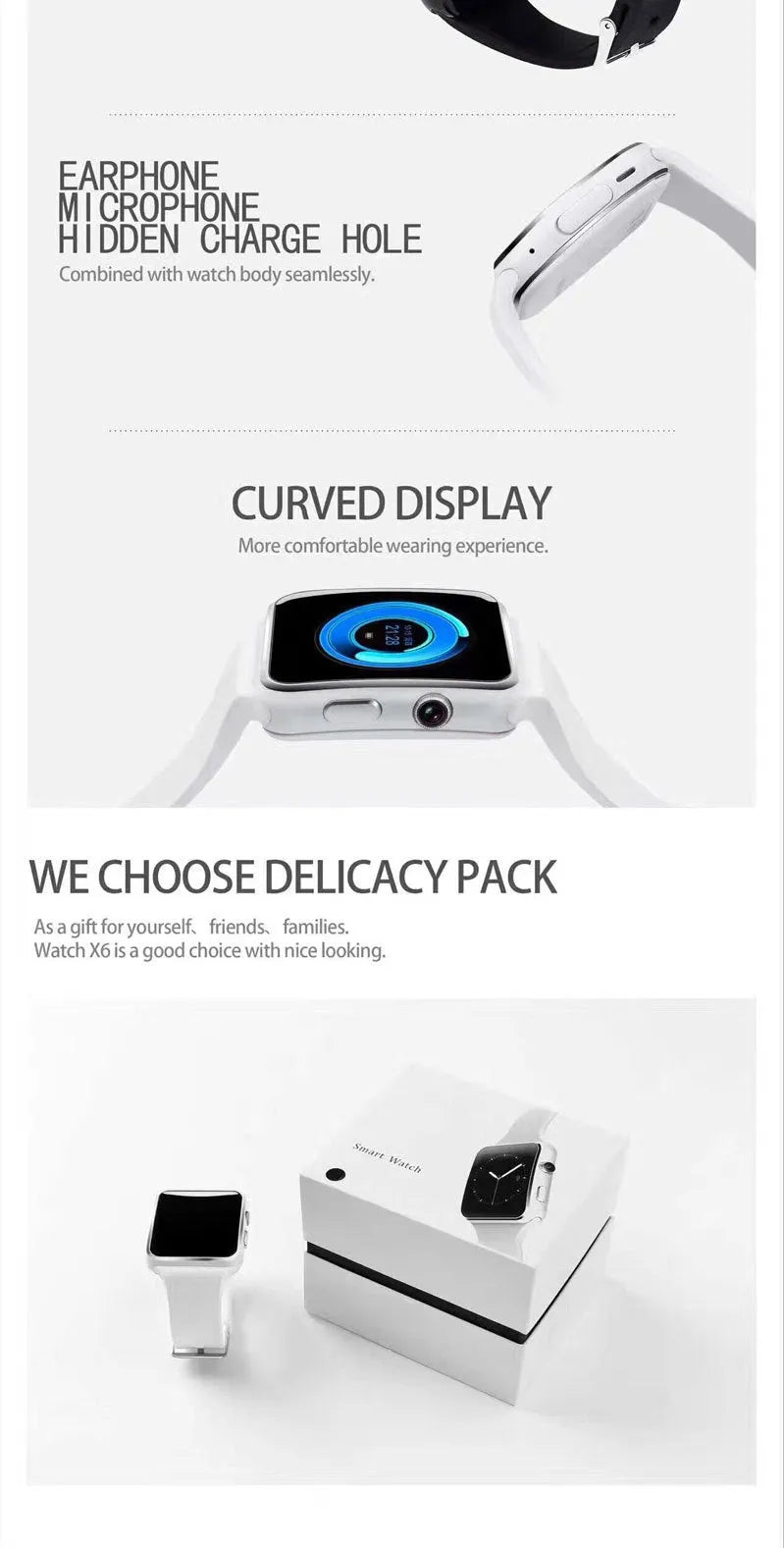 Smart watch with 1.54-inch touch screen and black silicone strap on a wrist.