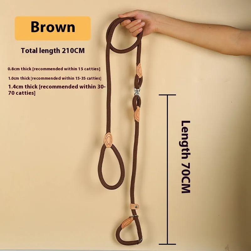 Brown nylon dog leash with 2.1 metre length and P chain attachment for collar connection