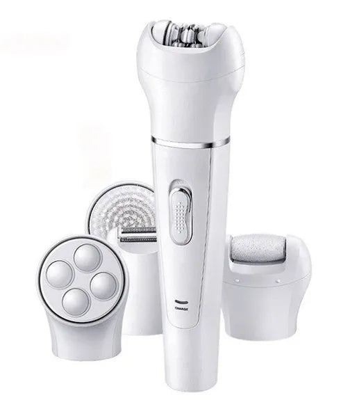White 5-in-1 electric face and body massager scrubber with 5 interchangeable heads and rechargeable base