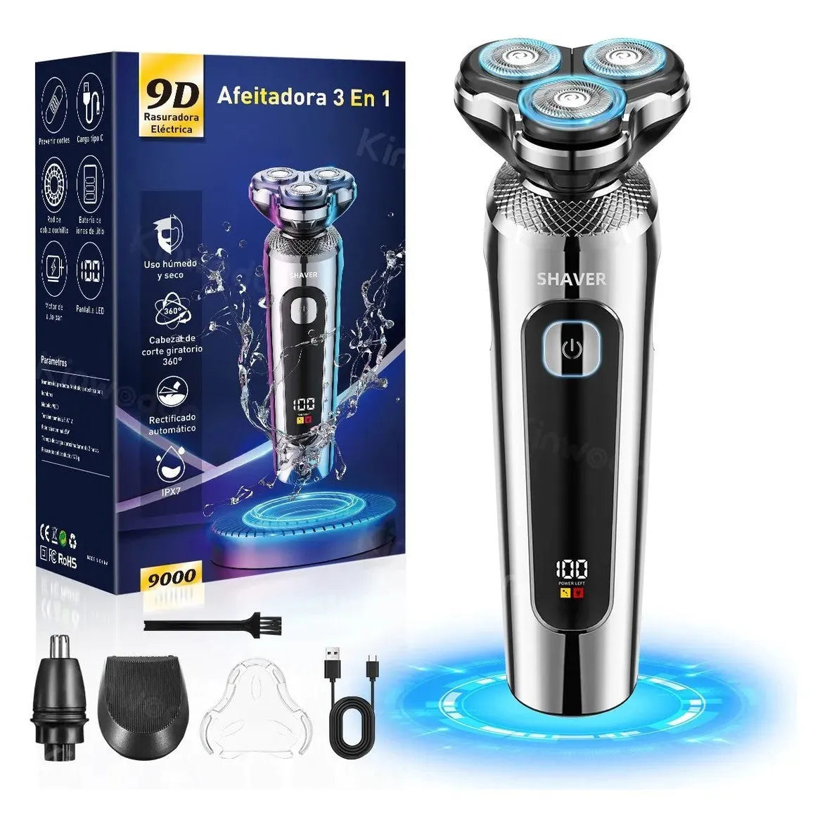 Digital USB rechargeable beard scraper with LED display and floating cutter head on charging base