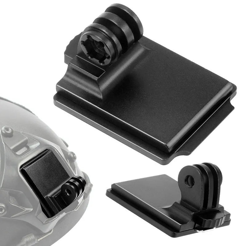 Aluminium alloy camera mounting bracket for attaching a GoPro to a helmet.