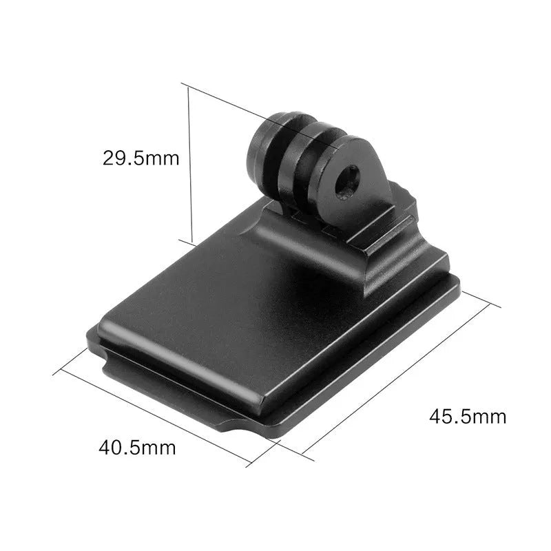 Aluminium alloy camera mounting bracket for attaching a GoPro to a helmet.