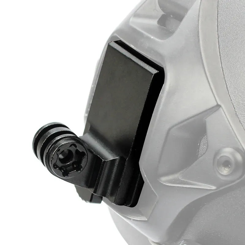 Aluminium alloy camera mounting bracket for attaching a GoPro to a helmet.
