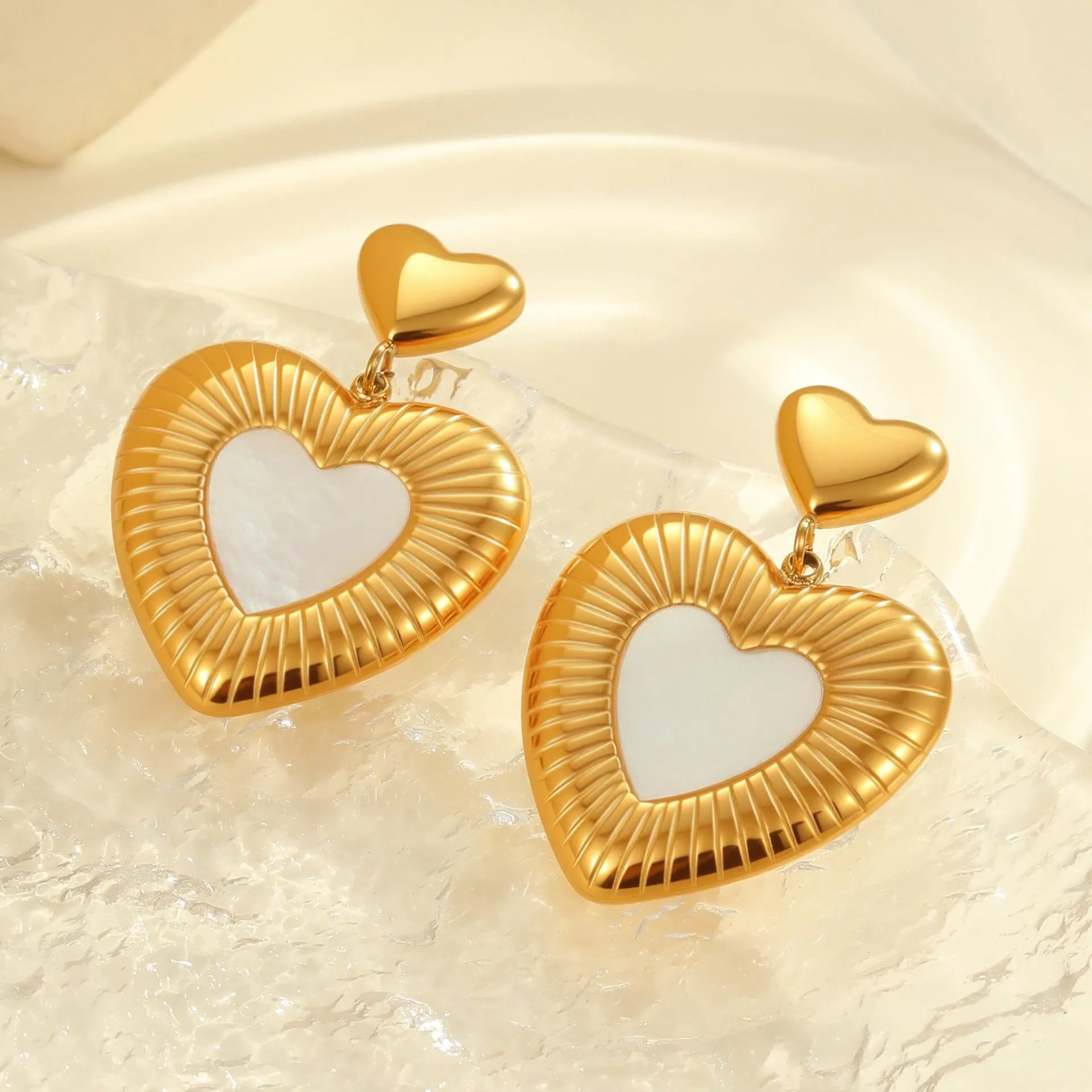 Gold-plated heart-shaped fritillary earrings with stainless steel construction and electroplated finish