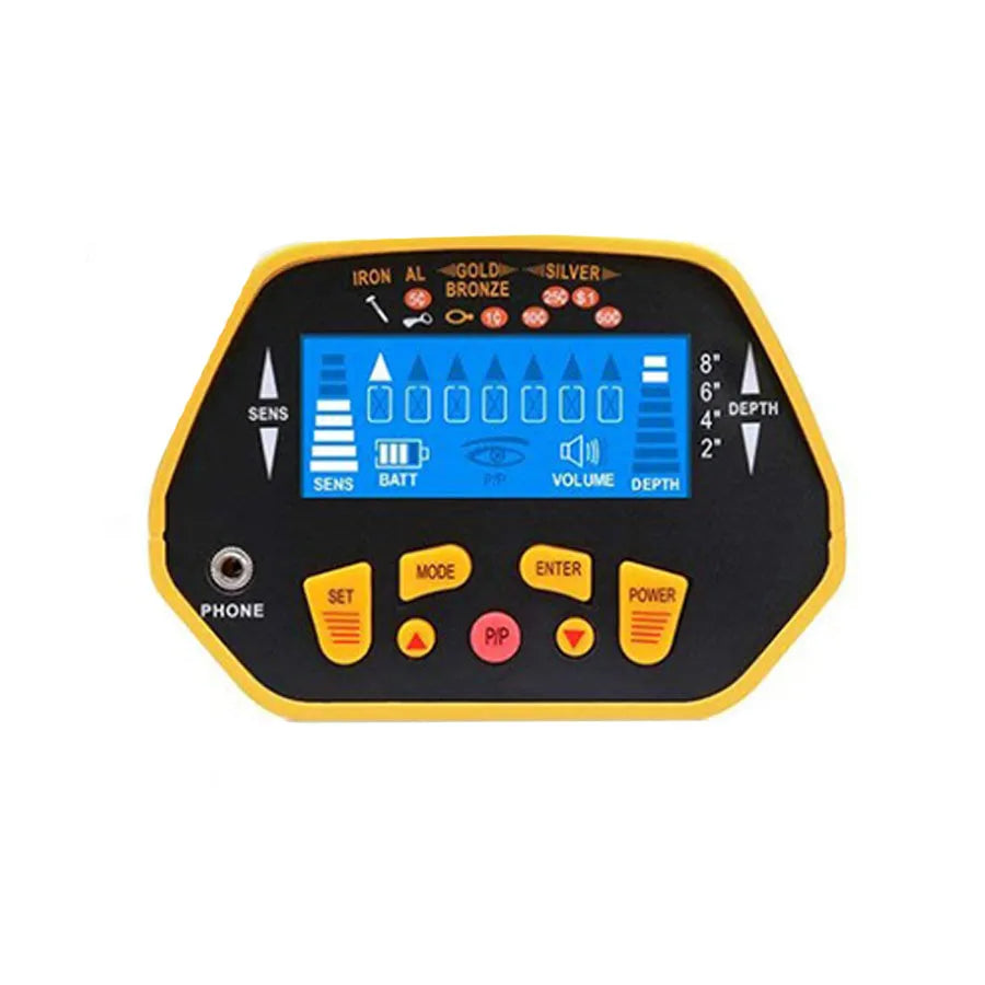 GC1028 black and yellow professional metal detector with LCD screen and waterproof search coil.