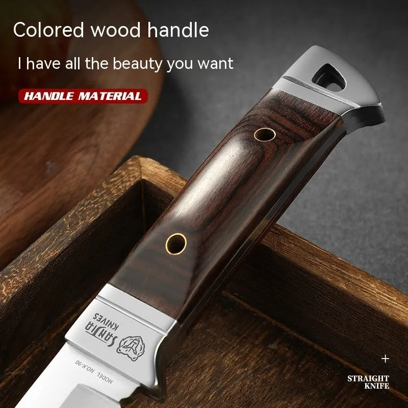 Stainless steel camping fruit knife with brown leather protective case