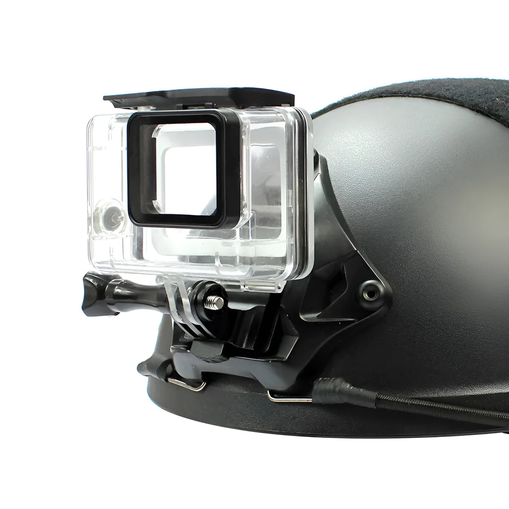 Aluminium alloy camera mounting bracket for attaching a GoPro to a helmet.