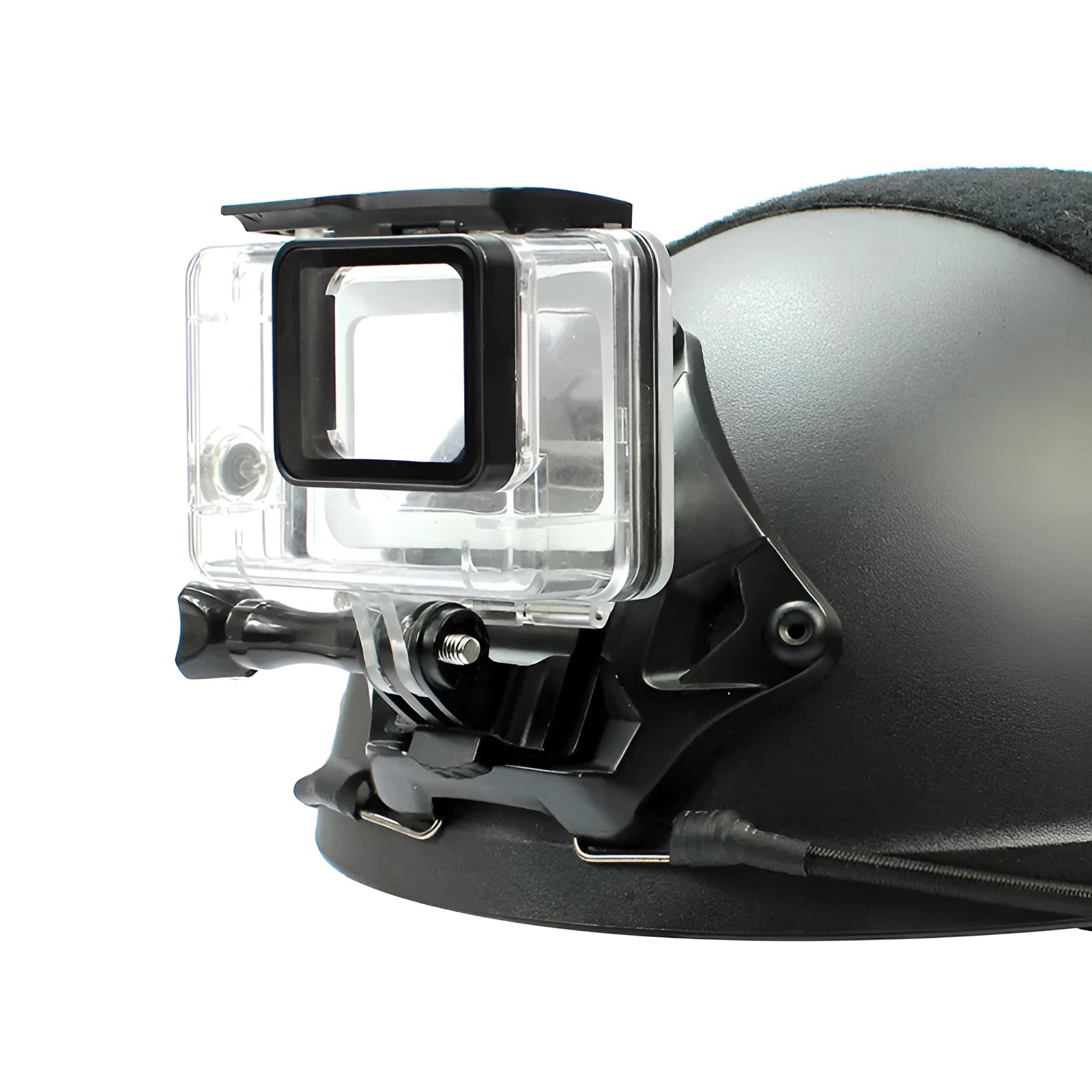 Aluminium alloy camera mounting bracket for attaching a GoPro to a helmet.